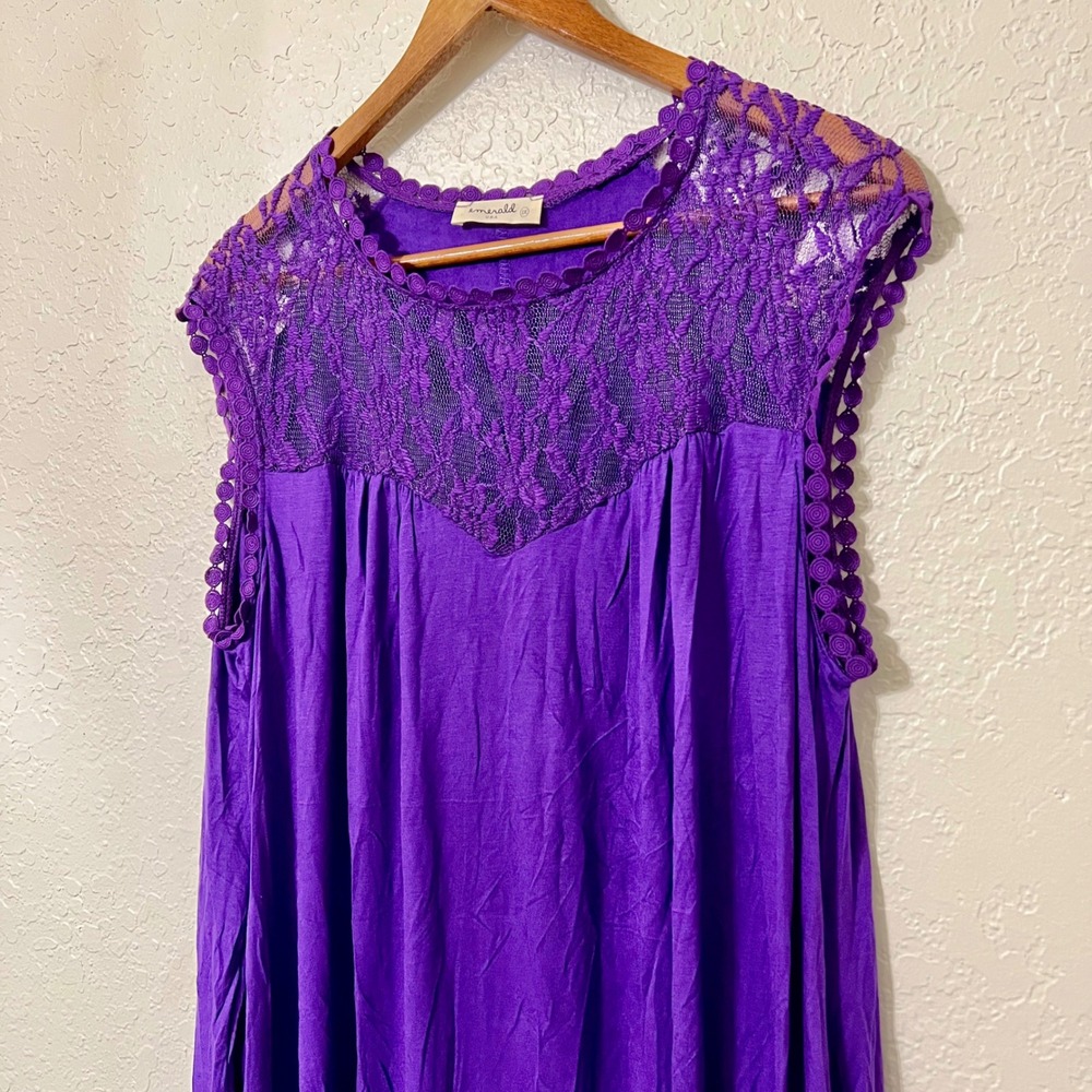 Emerald USA 1X Purple Lace Yoke Midi Dress Sleeveless Pockets Knot‎ Detail